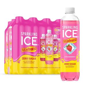 imageSparkling Ice STARBURST Variety Pack Zero Sugar Flavored Sparkling Water with Vitamins and Antioxidants Low Calorie Beverage 17 fl oz 12 count Strawberry Cherry Fruit Punch Watermelon
